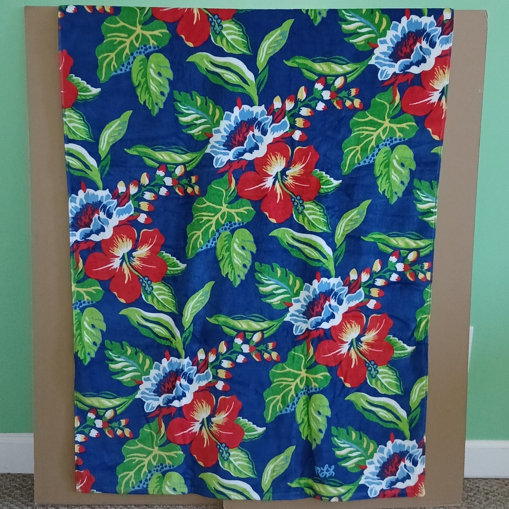 Lauren Ralph Lauren Navy Blue Beach Towel with Red & Green Tropical Print
